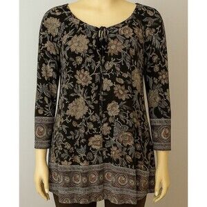 Lucky Brand Women’s Tunic 1X Black Boho Floral Print Long Sleeve Henley Blouse
